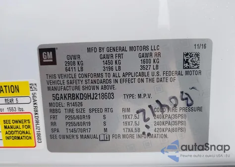 2017 Buick Enclave из США, поврежденный, VIN 5GAKRBKD9HJ218603